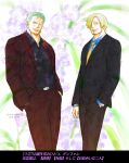  2boys aqua_shirt black_shirt black_suit cigarette earrings facial_hair feet_out_of_frame floral_background formal goatee green_hair jewelry kokorozashi leaning_back male_focus mature_male multiple_boys necktie one_piece red_suit roronoa_zoro sanji scar scar_across_eye shirt short_hair sideburns single_earring smile stubble 