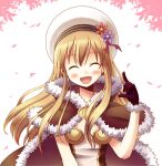  1girl :d bangs blonde_hair blush brown_cape brown_dress brown_gloves cape closed_eyes commentary_request doridori dress eyebrows_visible_through_hair flower fur-trimmed_cape fur-trimmed_gloves fur_trim gloves hair_between_eyes hat high_wizard_(ragnarok_online) leaves_in_wind long_hair open_mouth pink_flower purple_flower ragnarok_online smile solo two-tone_dress upper_body white_background white_dress white_headwear 