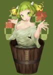  1girl :p \||/ absurdres bare_shoulders breasts bright_pupils bucket citone collarbone commentary green_background green_eyes green_hair hair_bobbles hair_ornament hands_up highres in_bucket in_container kisume light_blush looking_at_viewer off_shoulder partially_submerged short_bangs short_hair simple_background small_breasts solo tongue tongue_out touhou twintails water white_robe 