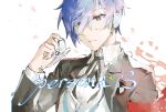  1boy black_jacket black_ribbon blue_eyes blue_hair buttons eyebrows_visible_through_hair headphones highres jacket looking_down male_focus neck_ribbon persona persona_3 ribbon shirt solo upper_body white_shirt wing_collar xing_20 yuuki_makoto 