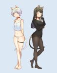  2girls absurdres animal_ears arms_behind_back bangs bare_arms bare_legs barefoot bell black_hair black_legwear black_sweater blue_background blue_eyes blue_pupils bomhat breasts cat_ears cat_girl cat_tail closed_mouth collar collarbone commentary crop_top english_commentary eyebrows_visible_through_hair full_body green_eyes green_pupils hand_up heterochromia highres long_hair long_sleeves looking_at_viewer medium_breasts midriff multiple_girls navel neck_bell no_shoes orange_eyes orange_pupils original panties panties_under_pantyhose pantyhose parted_lips shirt short_hair simple_background skindentation sleeves_past_wrists small_breasts smile standing standing_on_one_leg sweater tail thigh_strap toes underwear white_hair white_panties white_shirt 
