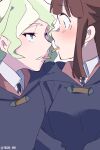  2girls blonde_hair blue_eyes blush brown_hair commentary_request diana_cavendish eye_contact eyebrows_visible_through_hair food highres kagari_atsuko little_witch_academia looking_at_another luna_nova_school_uniform multiple_girls pocky pocky_kiss red_eyes school_uniform takao_(88499191) teeth twitter_username yuri 