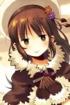  1girl bangs blush box brown_cape brown_gloves cape closed_mouth commentary_request doridori eyebrows_visible_through_hair flower fur-trimmed_cape fur-trimmed_gloves fur_trim gift gloves hair_between_eyes hat heart-shaped_box high_wizard_(ragnarok_online) holding holding_gift long_hair looking_at_viewer orange_flower purple_flower ragnarok_online revision smile solo upper_body 