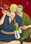  2boys blue_kimono bottle couple crossed_legs earrings facial_hair floral_background goatee grabbing green_hair green_kimono holding holding_bottle japanese_clothes jewelry kimono kokorozashi leg_hair long_sideburns looking_at_viewer male_cleavage male_focus mature_male multiple_boys one_piece partially_undressed pectoral_grab pectorals roronoa_zoro sake_bottle sanji scar scar_on_chest short_hair sideburns single_earring smile smoke smoking toned toned_male yaoi 