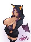  1girl absurdres animal_hood black_hoodie black_legwear bleach breasts cat_hood choker cleavage dark-skinned_female dark_skin from_above hands_in_pockets highres hood hoodie large_breasts long_hair nofuture purple_hair shihouin_yoruichi signature tan thighhighs white_background wings yellow_eyes 