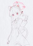  1girl :d absurdres animal_ear_headphones animal_ears apron arm_at_side back_bow blue_archive blush bow bowtie cat_ear_headphones cat_ears cat_tail chinese_commentary collared_dress commentary_request dress fake_animal_ears fake_tail faux_traditional_media frilled_dress frills greyscale hair_bow halo hand_up headphones highres ksi_47 long_sleeves looking_at_viewer maid maid_apron maid_headdress momoi_(blue_archive) momoi_(maid)_(blue_archive) monochrome official_alternate_costume official_alternate_hairstyle open_mouth parted_bangs partially_colored pink_eyes pink_halo puffy_long_sleeves puffy_sleeves red_bow short_hair short_twintails sidelocks smile solo sweat tail twintails v v-shaped_eyebrows white_background 