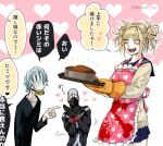  1girl 2boys :d apron bangs black_bodysuit black_shirt blonde_hair blunt_bangs blush blush_stickers bodysuit boku_no_hero_academia brown_cardigan bubaigawara_jin cake cardigan collarbone commentary_request double_bun eyebrows_visible_through_hair fangs food grey_bodysuit grey_hair hand_on_own_face hand_up heart holding long_sleeves messy_hair multiple_boys open_mouth own_hands_together pink_apron pink_background pointing_at_another shigaraki_tomura shiny shiny_hair shirt short_hair smile toga_himiko tomoya_(10mymn10_mha) translation_request twitter_username white_background yellow_eyes 