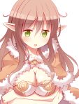  1girl arms_under_breasts bangs blush breasts brown_cape brown_dress brown_hair cape cleavage commentary_request doridori dress eyebrows_visible_through_hair fur-trimmed_cape fur_trim green_eyes hair_between_eyes high_wizard_(ragnarok_online) long_hair looking_at_viewer medium_breasts open_mouth pointy_ears ragnarok_online simple_background solo two-tone_dress upper_body white_background white_dress 