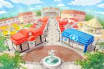  artist_request blue_sky building carousel cloud commentary_request day eevee flareon fountain highres jolteon lamppost leaf no_humans official_art outdoors pikachu poke_ball_symbol poke_mart pokemon pokemon_center pokemon_gym primarina scenery second-party_source sky statue tree vaporeon zapdos 