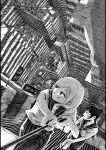 2girls absurdly_detailed_composition absurdres apartment building city climbing climbing_rope commentary_request complex_exterior double_bun from_above greyscale hair_bun highres ibsukionsen landscape monochrome multiple_girls original scenery school_uniform window 
