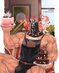  1boy ^_^ apron bara bare_pectorals biceps black_apron bulge cake chest_hair chocolate chocolate_cake closed_eyes fire food fruit glowing glowing_eyes heart helmet highres holding holding_cake holding_food large_pectorals male_focus muscular muscular_male naked_apron nipples pectorals red_eyes solo strawberry strawberry_cake surtr_(tokyo_houkago_summoners) thighs tokyo_houkago_summoners veins zagghov 