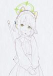  1girl :d absurdres animal_ear_headphones animal_ears apron back_bow blue_archive blunt_bangs bow bowtie broom cat_ear_headphones cat_ears collared_dress dress fake_animal_ears faux_traditional_media frilled_apron frills green_bow green_eyes green_halo greyscale hair_bow halo head_tilt headphones highres ksi_47 long_sleeves looking_at_viewer maid maid_apron midori_(blue_archive) midori_(maid)_(blue_archive) monochrome official_alternate_costume official_alternate_hairstyle open_mouth own_hands_together parted_bangs partially_colored puffy_long_sleeves puffy_sleeves short_hair short_twintails sidelocks smile solo twintails v_arms white_background 