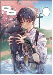 ... 1boy animal animalization black_cat black_hair blue_pupils blunt_ends blurry blurry_background blush brown_sash cat cherry_blossoms closed_mouth clothing_cutout eyeliner eyeshadow falling_petals feathers genshin_impact hair_between_eyes hands_up highres holding holding_animal holding_cat japanese_clothes kariginu kimono layered_sleeves looking_at_animal makeup male_focus outdoors person_and_animalization petals pink_petals pom_pom_(clothes) purple_eyes purple_kimono purple_sash purple_sleeves rchella red_eyeliner red_eyeshadow sash scaramouche_(cat)_(genshin_impact) scaramouche_(genshin_impact) scaramouche_(kabukimono)_(genshin_impact) short_sleeves shoulder_cutout sound_effects speech_bubble spoken_ellipsis string tasuki torii trembling tsurime upper_body wet white_sleeves yellow_feathers 