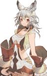  1girl animal_ears bangs breasts collar cropped_jacket erune flower granblue_fantasy grey_hair hair_flower hair_ornament highres hip_vent kochiya_(gothope) long_hair looking_at_viewer medium_breasts red_eyes sen_(granblue_fantasy) smile solo white_background wrist_cuffs 