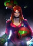  1girl 1other absurdres alien alternate_hair_color arm_cannon black_bodysuit black_choker blue_eyes bodysuit breasts choker cleavage hair_down headwear_removed helmet helmet_removed highres holding holding_helmet justin_bailey large_breasts lips long_hair looking_at_viewer metroid metroid_(classic) metroid_(creature) multicolored multicolored_bodysuit multicolored_clothes plunging_neckline purple_bodysuit red_hair samus_aran shooting_star signature solo_focus space watermark weapon web_address xuuikie_ashe 