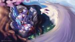  1girl absurdres bow_(weapon) braid cherry_blossoms flower hair_flower hair_ornament highres hooves horns japanese_clothes kimono kindred_(league_of_legends) lamb_(league_of_legends) league_of_legends long_hair purple_hair red_eyes sheep_girl sheep_horns sitting spirit_blossom_kindred tree uranophane weapon wolf_(league_of_legends) 