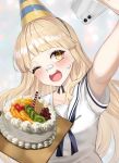  1girl ;d artist_request bang_dream! bangs blonde_hair blouse blue_neckwear blush breasts cake candle cellphone check_artist commission cream cream_on_face food food_on_face hanasakigawa_school_uniform happy_birthday hat head_tilt highres holding holding_cake holding_food holding_phone long_hair medium_breasts neckerchief one_eye_closed open_mouth party_hat phone sailor_collar school_uniform selfie serafuku short_sleeves sidelocks smartphone smile solo standing taking_picture tsurumaki_kokoro ueng upper_body upper_teeth white_blouse yellow_eyes 