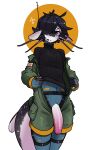 anthro barbel_(anatomy) big_penis black_hair bodysuit bomber_jacket bottomwear cargo_pants catfish catlad clothing ear_fins electronics fin fish foreskin genitals hair harness headgear headphones headset hi_res huge_penis jumpsuit leg_harness male marine otto_(catlad) overalls pale_eyes pale_skin pants penis penis_poking_out pink_penis pockets ribbed_clothing ribbed_sweater short_hair skinsuit sneaking_suit solo spy sweater tail thick_tail tight_clothing topwear turtleneck unzipped_bodysuit whiskers