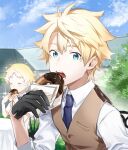  2boys alternate_hair_color black_gloves blonde_hair blue_eyes blue_neckwear blue_sky brown_vest closed_eyes cloud collared_shirt commentary_request day doughnut eating fate/grand_order fate_(series) food fujimaru_ritsuka_(male) gloves hair_between_eyes haisato_(ddclown14) highres looking_at_viewer male_focus multiple_boys necktie open_mouth outdoors plant pocket shirt short_hair sky vest voyager_(fate) white_shirt 