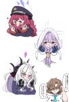  4girls atsuko_(blue_archive) blue_archive blue_necktie blush bunching_hair covering_own_mouth embarrassed female_sensei_(blue_archive) female_sensei_(blue_archive)_(mikazukimo_478) hair_focus halo hand_in_own_hair highres hina_(blue_archive) holding holding_own_hair iroha_(blue_archive) kazusa_(blue_archive) long_hair mikazukimo_478 multiple_girls necktie pout sensei_(blue_archive) speech_bubble translation_request white_hood 