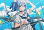  1girl asuda belt black_choker blue_belt blue_eyes blurry blurry_background bracelet choker collarbone eyebrows_behind_hair hair_behind_ear highres hololive hoshimachi_suisei jewelry looking_at_viewer school_uniform serafuku side_ponytail skirt smile solo virtual_youtuber white_headwear white_skirt 