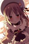  1girl bangs blush box brown_cape brown_gloves cape closed_mouth commentary_request doridori eyebrows_visible_through_hair flower fur-trimmed_cape fur-trimmed_gloves fur_trim gift gloves hair_between_eyes hat heart-shaped_box high_wizard_(ragnarok_online) holding holding_gift long_hair looking_at_viewer orange_flower purple_flower ragnarok_online smile solo upper_body 