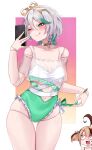  ;d absurdres ahoge blush brown_hair cecilia_immergreen cecilia_immergreen_(holonatsu_paradise) cellphone colored_inner_hair doll_joints frilled_one-piece_swimsuit frills gigi_murin gigi_murin_(holonatsu_paradise) green_eyes green_hair green_one-piece_swimsuit grey_hair highres hololive hololive_english holonatsu_paradise joints multicolored_hair multiple_girls navel official_alternate_costume one-piece_swimsuit one_eye_closed phone pink_eyes shiny_skin short_hair smartphone smile soup_(soupysoull) standing streaked_hair swimsuit twintails two-tone_hair virtual_youtuber winding_key 