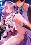  1boy 1girl bangs bare_shoulders black_hair black_jacket blush breasts breasts_outside collarbone dress dress_shirt euryale_(fate) fate/grand_order fate/hollow_ataraxia fate_(series) frilled_hairband frills fujimaru_ritsuka_(male) gloves grey_gloves hairband highres jacket leg_lift long_hair looking_at_viewer lostroom_outfit_(fate) m-da_s-tarou nipples open_mouth panties parted_bangs purple_eyes purple_hair shirt short_hair sidelocks slit_pupils small_breasts smile spread_legs twintails underwear very_long_hair white_dress white_panties white_shirt 