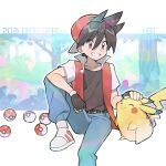  1boy backwards_hat bangs baseball_cap blue_pants blush brown_shirt commentary_request dated fingerless_gloves gen_1_pokemon gloves grin hair_between_eyes hat headpat highres jacket male_focus number open_clothes open_jacket pants pikachu poke_ball poke_ball_(basic) pokemon pokemon_adventures rata_(m40929) red_(pokemon) red_eyes shiny shiny_hair shirt shoes short_hair short_sleeves sitting smile teeth white_footwear 