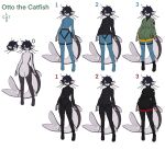 anthro barbel_(anatomy) black_hair bodysuit catfish catlad clothing ear_fins fin fish hair harness hi_res jumpsuit leg_harness male marine model_sheet otto_(catlad) overalls pale_eyes pale_skin pockets ribbed_clothing ribbed_sweater short_hair skinsuit sneaking_suit solo spy sweater tail thick_tail tight_clothing topwear turtleneck whiskers