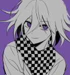  1boy bangs checkered checkered_neckwear checkered_scarf danganronpa_(series) danganronpa_v3:_killing_harmony doum_(dangan666) eyebrows_visible_through_hair flipped_hair hair_between_eyes highres jacket looking_at_viewer male_focus medium_hair ouma_kokichi purple_background scarf simple_background smile solo spot_color unmoving_pattern upper_body 