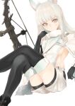  1girl absurdres animal_ears arknights bangs black_footwear black_gloves black_legwear blunt_bangs blush bow_(weapon) cloak closed_mouth crossed_legs elbow_gloves gloves grey_eyes grey_hair highres kajuu long_hair platinum_(arknights) simple_background sitting solo weapon white_background white_cloak 