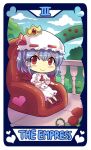  1girl ascot balcony bat_wings blue_sky chair chibi cloud colonel_aki commentary crown cup easy_chair flower hat heart holding holding_cup looking_at_viewer mini_crown mob_cap puffy_short_sleeves puffy_sleeves purple_hair red_eyes remilia_scarlet rose short_hair short_sleeves sitting skirt sky solo tarot tarot_arcana teacup touhou trellis wings 