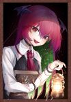  1girl :d absurdres ascot black_choker blue_eyes book border bright_pupils choker collared_shirt commentary dark_background diudada eyebrows_visible_through_hair eyes_visible_through_hair hair_between_eyes head_tilt head_wings heterochromia highres hito_komoru_(style) holding holding_book holding_lantern huge_filesize koakuma lantern light_particles long_hair long_sleeves looking_at_viewer nail_polish open_mouth pink_nails red_eyes red_hair red_neckwear shirt simple_background smile solo star_(symbol) symbol-only_commentary touhou white_shirt wing_collar 