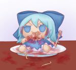  1girl ahoge bangs blue_dress blue_eyes blue_hair cirno commentary dress eating eyebrows_behind_hair food fork fumo_(doll) hair_between_eyes holding holding_fork pasta short_hair simple_background skullchimes solo spaghetti touhou v-shaped_eyebrows white_background 