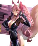  1girl animal_ear_fluff animal_ears aona_(anagasaki) bangs black_bodysuit blush bodysuit bow breasts center_opening choker cleavage fate/grand_order fate_(series) fox_ears fox_girl fox_tail glasses hair_between_eyes hair_bow highres hip_vent koyanskaya_(fate) large_breasts long_hair looking_at_viewer pink_bow pink_hair ponytail sidelocks solo tail tamamo_(fate) thighs yellow_eyes 