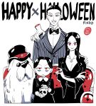  1boy 2girls absurdres addams_family animal anya_(spy_x_family) bond_(spy_x_family) bow bowtie braid braided_twintails cosplay crossed_arms dog eyeshadow facial_hair findoworld gomez_addams gomez_addams_(cosplay) happy_halloween hashtag-only_commentary hat highres jewelry long_hair looking_at_viewer makeup morticia_addams morticia_addams_(cosplay) multiple_girls mustache pendant purple_eyeshadow red_eyes ring sitting spy_x_family sunglasses thing_(addams_family) twilight_(spy_x_family) wednesday_addams wednesday_addams_(cosplay) wide_sleeves yor_briar 