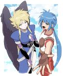  1boy 1girl angel_wings bad_perspective black_wings blonde_hair blue_hair boots breasts breath_of_fire breath_of_fire_ii bridal_gauntlets dress feathered_wings green_eyes knee_boots long_hair looking_at_viewer minashirazu nina_(breath_of_fire_ii) open_mouth ryuu_(breath_of_fire_ii) side_slit smile wings 