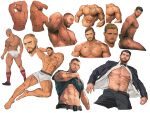  6+boys abs arm_tattoo armpits ass bandaid bandaid_on_nose bara bare_pectorals beard black_pants bow bowtie boxers briefs bulge buzz_cut chest_hair chest_tattoo clothes_lift collage cropped_torso facial_hair full_body highres jacket large_pectorals leg_hair lifted_by_self looking_at_viewer male_focus male_underwear mao_ten_go mature_male multiple_boys muscular muscular_male navel navel_hair nipples open_clothes open_jacket open_shirt original pants pectorals shirt_lift short_hair sideburns sitting stomach tattoo thick_thighs thighs underwear very_short_hair white_male_underwear 