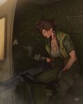  1girl aircraft aircraft_turret airplane_interior ammunition_belt ammunition_box artist_name blue_eyes breasts brown_hair cigarette cleavage commentary deltamagna dog_tags feet_out_of_frame flak_jacket green_jacket green_pants green_shirt green_tank_top gun hair_bun helicopter highres holding holding_cigarette jacket looking_to_the_side m60_(machine_gun) machine_gun manually-operated_mounted_gun medium_breasts messy_hair military_combat_uniform military_rank_insignia military_uniform military_vehicle open_clothes open_jacket original pants shirt sitting sleeves_rolled_up smoking solo symbol-only_commentary tank_top uh-1_iroquois united_states_army vehicle_interior vietnam_war weapon 
