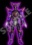  1boy arcle_(kuuga) armor belt black_armor black_eyes bodysuit compound_eyes core_medal fusion gold_horns helmet horns kamen_rider kamen_rider_kuuga kamen_rider_kuuga_(series) kamen_rider_kuuga_(ultimate_form) kamen_rider_ooo kamen_rider_ooo_(series) looking_at_viewer neofrontier o_medal o_scanner ooo_driver purple_eyes putotyra_(ooo_combo) rider_belt shoulder_armor solo spikes standing tokusatsu 