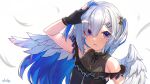  1girl absurdres amane_kanata angel_wings arm_up armpit_crease arpeggio_kaga blue_hair colored_inner_hair eyebrows_visible_through_hair eyes_visible_through_hair feathers fingerless_gloves frills gloves hair_intakes hair_ornament hairclip highres hololive jewelry multicolored_hair necklace open_mouth purple_eyes silver_hair sleeveless solo two_side_up upper_body virtual_youtuber wings 