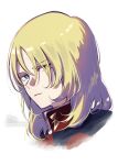  1boy bangs black_jacket blonde_hair blue_eyes closed_mouth eyebrows_visible_through_hair eyes_visible_through_hair gundam gundam_seed hair_over_one_eye high_collar highres jacket long_hair looking_at_viewer male_focus portrait rey_za_burrel signature simple_background sofra solo twitter_username uniform white_background 