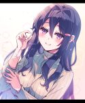  1girl aicedrop blush doki_doki_literature_club eyebrows_visible_through_hair hair_between_eyes hair_ornament hairclip long_hair long_sleeves looking_at_viewer purple_eyes purple_hair simple_background smile solo sweater turtleneck turtleneck_sweater very_long_hair yuri_(doki_doki_literature_club) 