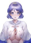  1girl :o bangs between_breasts blush breasts cape card card_between_breasts commentary_request eyebrows_visible_through_hair hairband large_breasts looking_at_viewer open_mouth purple_eyes purple_hair rainbow_gradient short_hair simple_background solo tabiji_(tabiji_s) tenkyuu_chimata touhou upper_body v_arms white_background white_cape 
