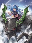  1girl blue_eyes blue_hair braid cake character_request chewing cloud dai-xt day dragon eating flat_chest flying food fork highres horns kuro_no_shoukanshi long_hair looking_at_viewer outdoors plate pleated_skirt riding skirt sky solo white_horns 