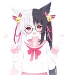 1girl :3 :d alice_mana alice_mana_channel animal_ears bangs bell blunt_bangs blurry bow cat_ears depth_of_field deyui double_w eyebrows_visible_through_hair glasses hair_bell hair_bow hair_ornament hair_ribbon highres jingle_bell long_hair long_sleeves looking_at_viewer multicolored_hair open_mouth red_eyes ribbon school_uniform serafuku sidelocks signature simple_background smile solo twintails two-tone_hair virtual_youtuber w white_background 