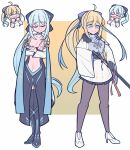  2girls aesc_(fate) aesc_(savior)_(fate) black_bow black_dress black_gloves blonde_hair blue_eyes blush bow braid closed_eyes dress dual_persona fate/grand_order fate_(series) full_body fur_trim gloves hair_between_eyes hair_bow half_up_braid highres ichigo_berry katana long_hair long_sleeves morgan_le_fay_(fate) morgan_le_fay_(second_ascension)_(fate) multiple_girls open_mouth ponytail smile standing sword very_long_hair weapon white_hair 