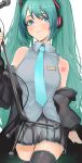  1girl absurdres aqua_eyes aqua_nails aqua_neckwear bare_shoulders black_jacket black_legwear blush closed_mouth commentary eyebrows_visible_through_hair fingernails green_hair grey_skirt hatsune_miku headphones highres holding holding_microphone holding_microphone_stand jacket kajuu long_hair microphone microphone_stand necktie neckwear number open_clothes open_jacket simple_background skindentation skirt smile solo thighhighs twintails very_long_hair vocaloid white_background 