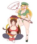  2girls abs armpits blonde_hair bound bound_wrists breasts brown_hair cleavage collarbone dominatrix english_text engrish_text fight&#039;n_rage gal_(fight&#039;n_rage) hair_ribbon hanzo_(2929) heart highres indian_style large_breasts long_hair looking_down midriff multiple_girls muscular muscular_female navel o-ring o-ring_bottom one_eye_closed ranguage red_eyes ribbon shoes simple_background sitting skirt sneakers speech_bubble spoken_heart thighhighs toned whip white_background yellow_ribbon 